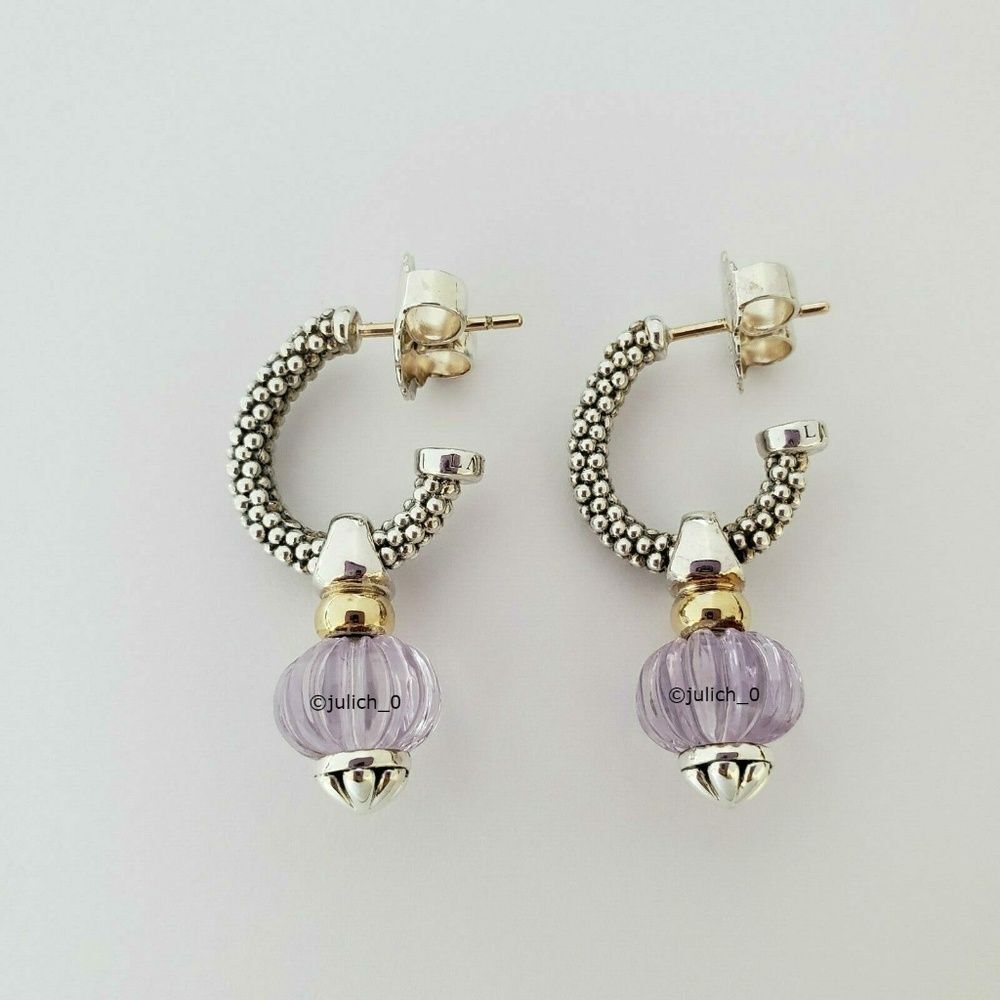LAGOS Sterling Silver 18k Caviar Forever Amethyst Melon Bead Hoop Earrin…